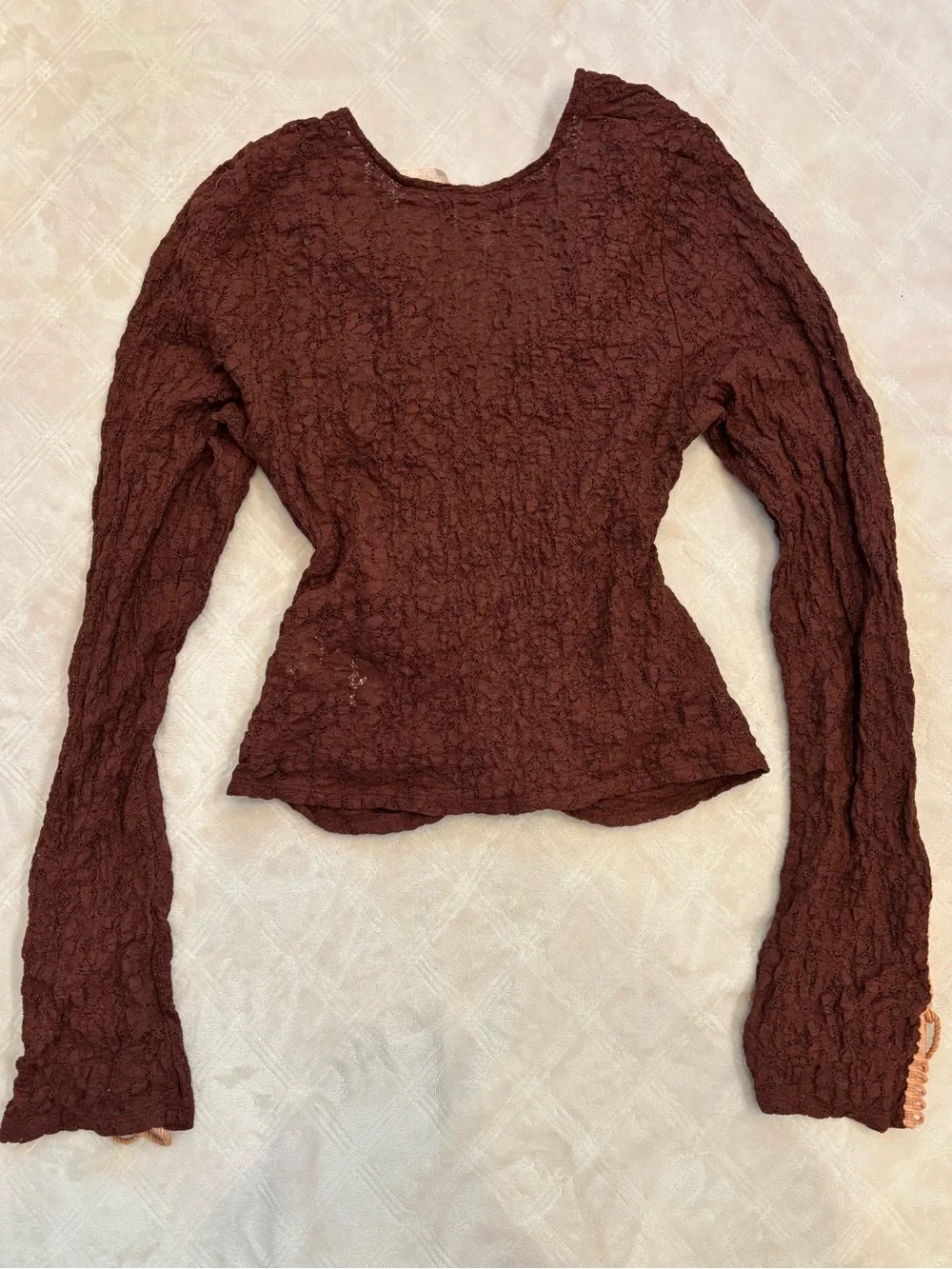 Free People Chocolate Brown Ruched Lace-Up Long Sleeve Top